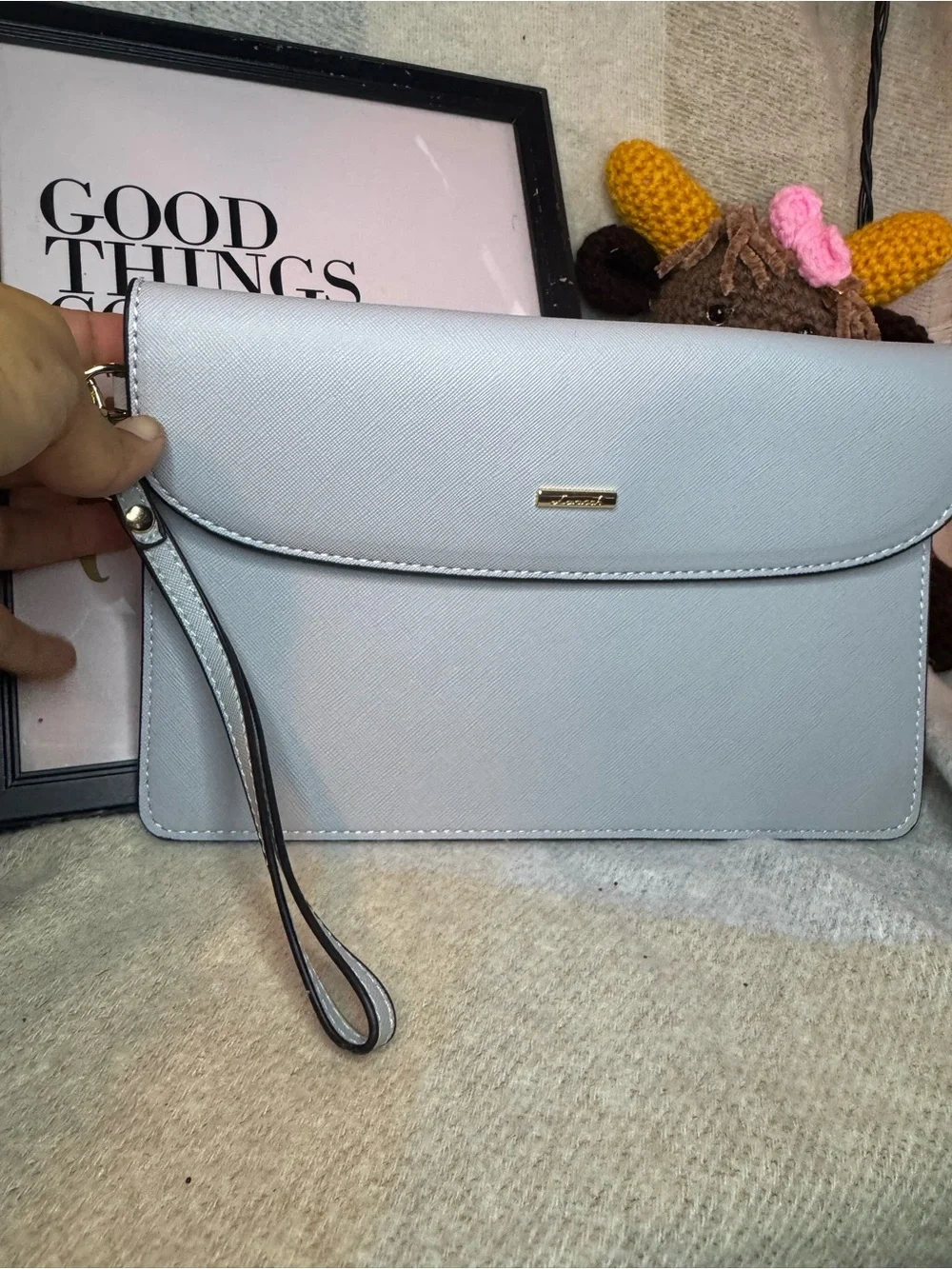 Elegant Light Gray Wristlet Clutch - Minimal Saffiano Style